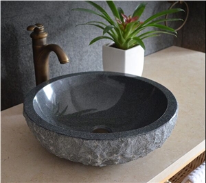 Black Granite Solid Surface Basin Shanxi Black Round Basin For Bathroom