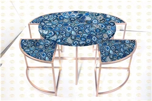 Blue Gemstone Round Table Blue Agate Stone Table Top for Office
