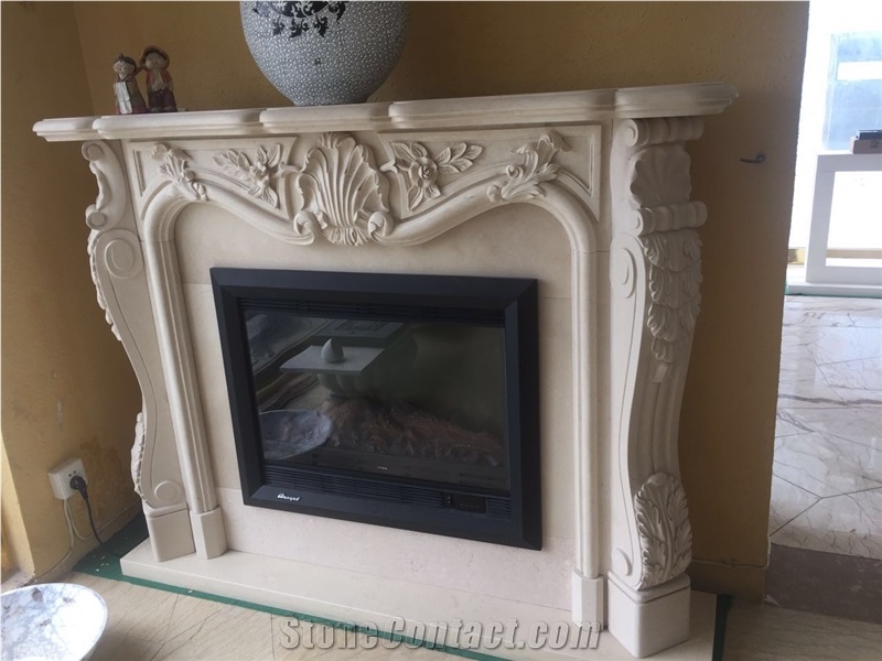 Egyptian Beige Marble Fireplace Mantel Sculptured Fireplace for Home Decor