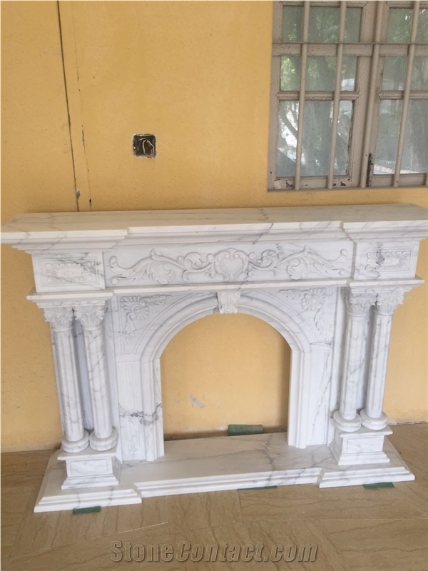 Egyptian Beige Marble Fireplace Mantel Sculptured Fireplace for Home Decor