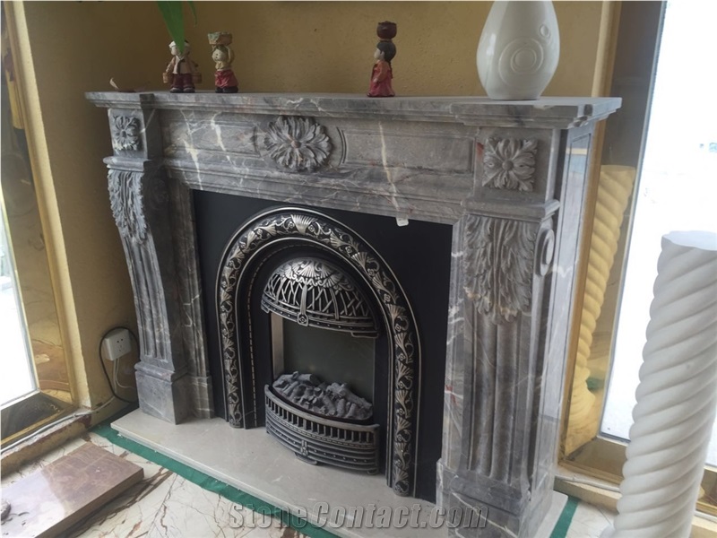 Grey Marble Fireplace Mantel Sculptured, Grey Fireplace Mantels