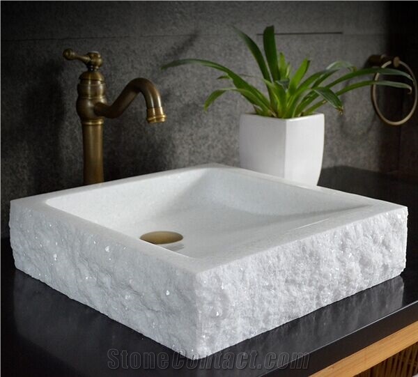 White Marble Square Sink Thassos White Farm Sink for Vessel Sink