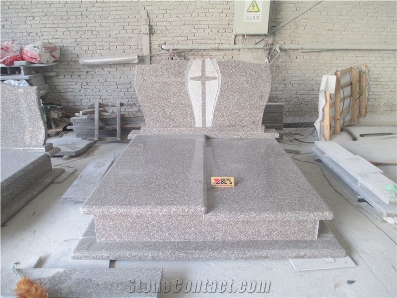 G664 Granite Monument & Tombstone, Pink Granite Gravestone,Misty Brown Tombstone ,Headstone with Cross Caving ,Double Style Monuments ,Brown Color Western Style ,High Polished Stone ,Single Style