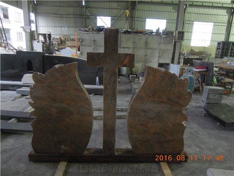 Indian Multicolor Red Granite Tombstones, Monuments, Headstones with Rose Craving, Cemetery Cross in Romanian Style, Double Gravestone Funeral Stone