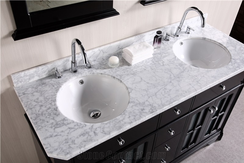 Carrara White Marble Precut Bathroom Double Countertops, Bianco Carrara Marble Prefab Bath Vanity Tops