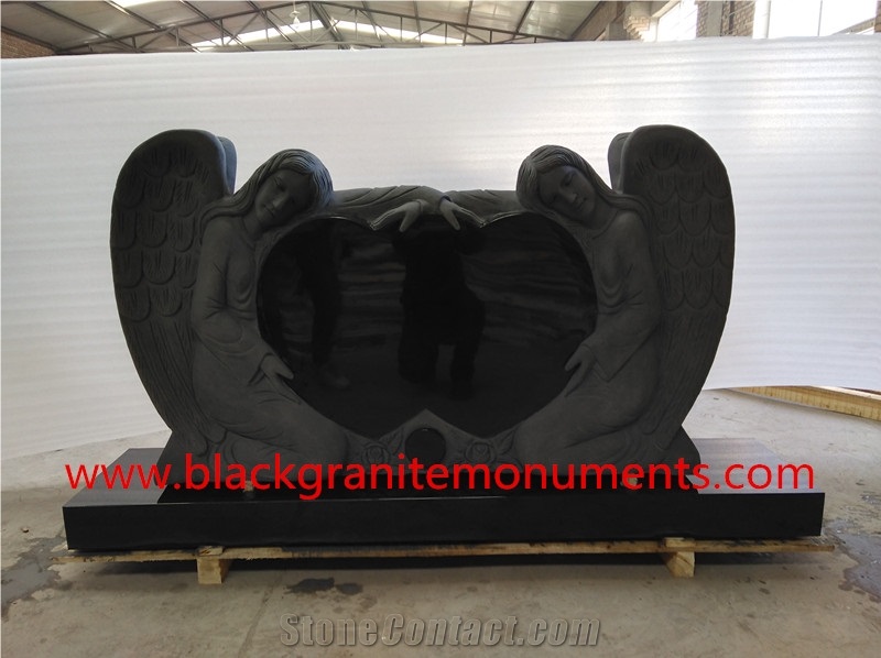 Shanxi Black Double Angels with Hearts Monuments, China Absolute Black Angel Monuments, Supreme Black Angle with Heart Headstone & Tombstone