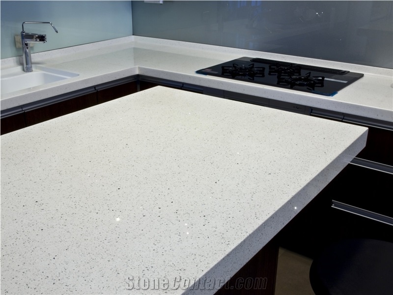 Artificial Quartz Stone White Mirror with Lots Of Shining Chips Polished Surface for Countertop Vanity Top and Bench Top with High Gloss and Hardness 2cm Thick