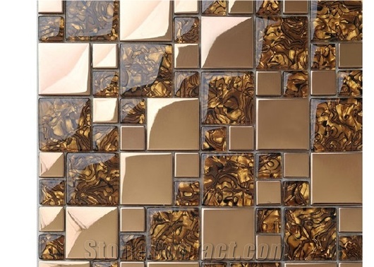 Brown Aluminum Laminated Chips and Special Golden and Shinning Flower Glass Chips Wall and Floor Mosaic Tiles -High Quality for Luxury Projects
