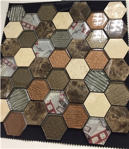 Dark Emperador and Beige Marble Stone ,Silver and Golden Glass Hexagon Wall Mosaic for Home and hotel bathroom decor ,Wall and Flooring Covering 
