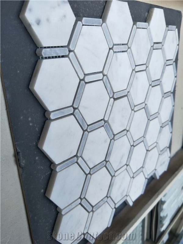 Hexagon Carrara Extra Polished Mosaic, Mugla White Marble Mosaic Tiles Natural Stone for Wall Cladding Decoration