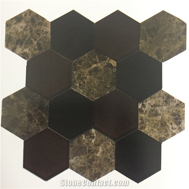 Hexagonal Mosaic Glass Mix Black & Brown Marble for Wall Mosaics Glass