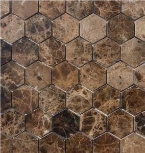 High Polished Natural Marble Stone Hexagon Dark Emperador ,Wall Mosaic Tiles -Owned Factory and Luxury Hotel and Commercial Decor