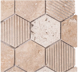 Honed and Grooved Beige Travertine Hexagon Wall Mosaic popular in Europe for hotel and luxury decor ,Wall and flooring covering 