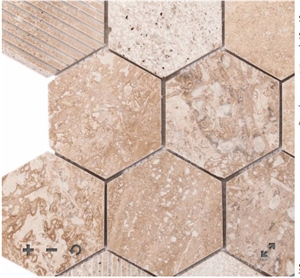 Honed and Grooved Beige Travertine Hexagon Wall Mosaic popular in Europe for hotel and luxury decor ,Wall and flooring covering 