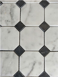 Italy Carrara White Marble Polished Natural Stone Marble Mosaic, Bathroom Decor Tiles Mixed Black Cub Marble Flower Design Mosaic Stone Tile for Floor & Wall