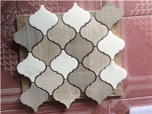 Lantern Shaped Natural Arthen Wood Mixed White Wood + Pure White Marble Tiles White Marble Mosaic for Building Material Wall & Floor