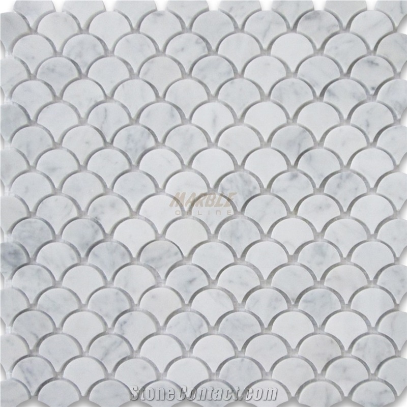Natural Polished Marble Stone -Italy Bianco Carrara White Wall and Floor Mosaic Tiles -Fan Shape Mosaic -Owned Factory