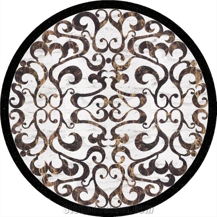 Natural White Marble & Balck Portoro Round Waterjet Medallions for Wall and Flooring in Hotel Lobby or Luxury Decor