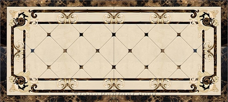 Polished Natural Beige Marble and Dark Emperador Square Medallions ,Waterjet Mosaics for Wall and Flooring Decor in Hotels