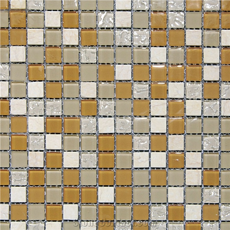 Silver ,Crystal Yellow ,Light Grey Glass Chips with Light Cream Natural Marble Mixed Wall and Floor Mosaic -Owned Factory