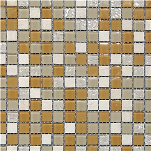 Silver ,Crystal Yellow ,Light Grey Glass Chips with Light Cream Natural Marble Mixed Wall and Floor Mosaic -Owned Factory