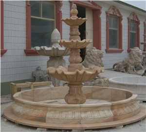 Western and European Style Carved Fountain,China Yellow and Beige Natural Marble Stone Sculptured Fountain for Hotel and Garden Decoration