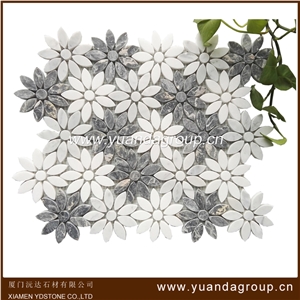 Flower Shape Stone Mosaic Design White And Grey