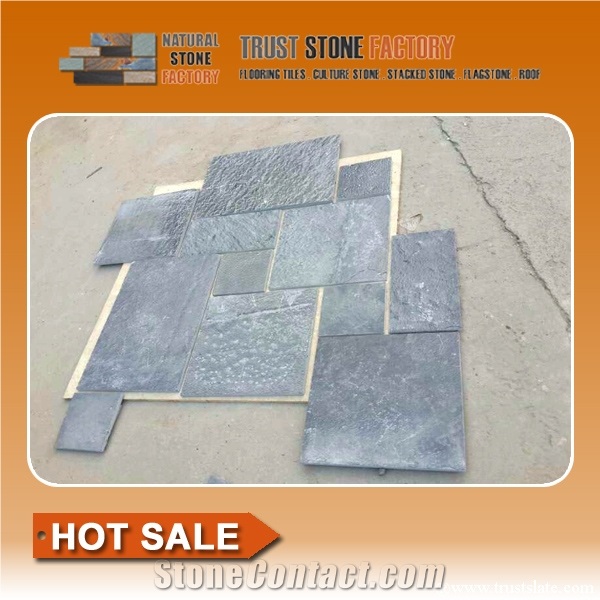 Black Slate Patio Paver Stone, Black Slate Roman Pous Paving, Slate Terrace Floor Tiles Leathered Finish