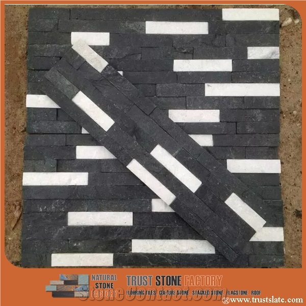 Black & White Real Stone Panels,Black Quartzite Ledger Stone Panels,Ledger Stone Fireplace