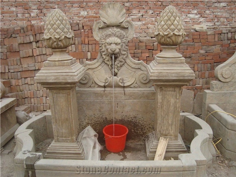 Antique Carving Beige Marble Wall Fountain Pool