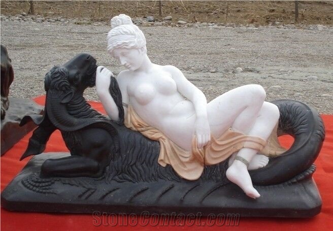 Western Girl Woman Marble Sculpture Lady and Black Goat