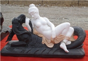 Western Girl Woman Marble Sculpture Lady and Black Goat
