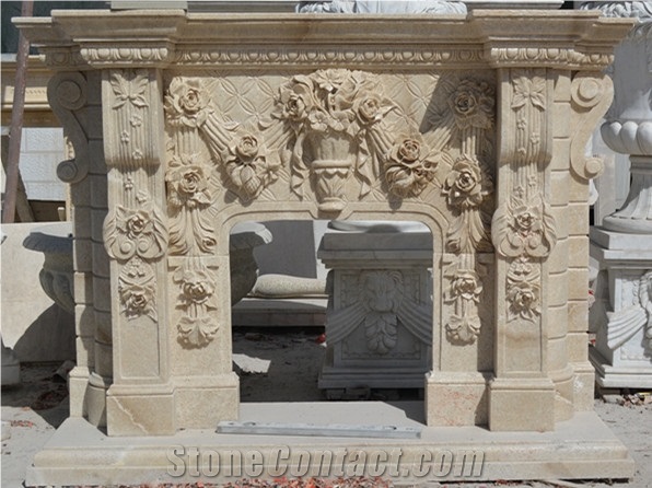 Flower Carving Fireplace Mantels, Beige Marble Fireplace Mantels