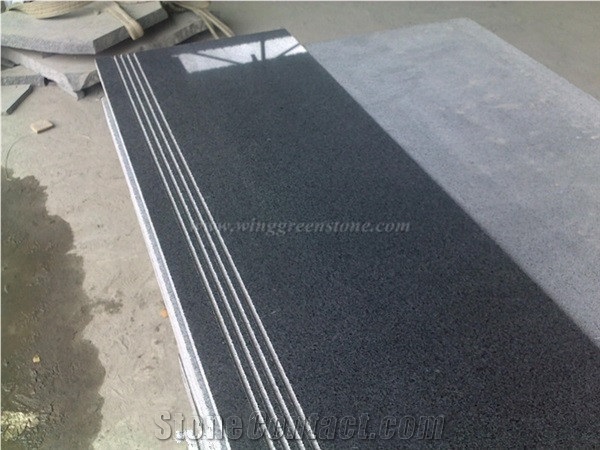 China Dark Grey Granite Staircases, G654 Granite Steps & Risers, China Impala Black Granite Stair Treads & Stair Thresholds, Flamed Sesame Black Granite Deck Stair, Winggreen Manufacturer