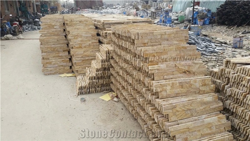 Popular Yellow Sandstone Cultured Stone/Stacked Stones/Veneer Stones Panel for Exterior Decoration and Wall Cladding, Winggreen Stone
