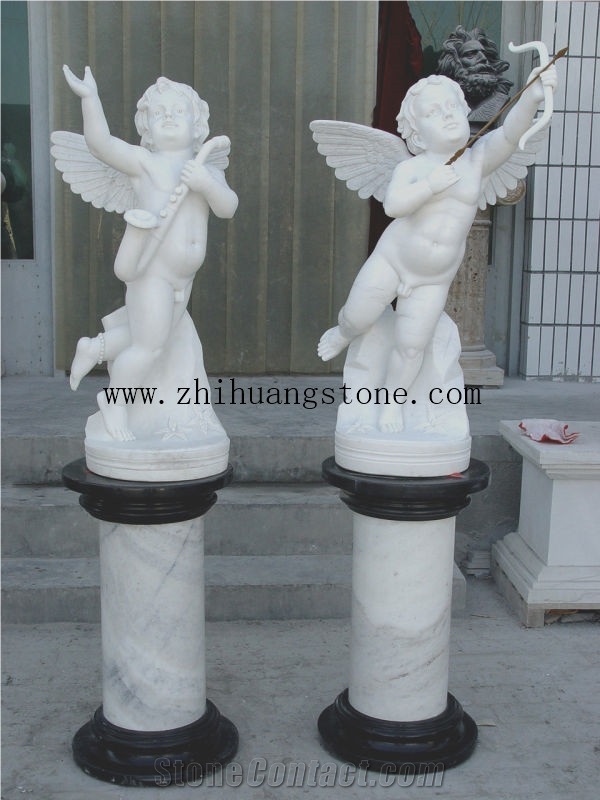Cherub Marble Statue with Column Base