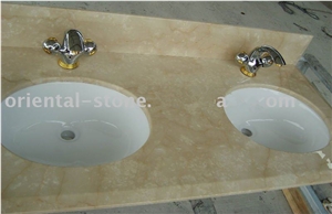 China Beige Marble Bathroom Vanity Tops,Stone Custom Countertops, Polished Surface Bath Tops with Two Sink Basin