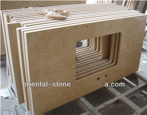 China Beige Marble Engineered Bathroom Vanity Tops,Stone Custom Countertops, Polished Surface Bath Tops with Square Sink Basin