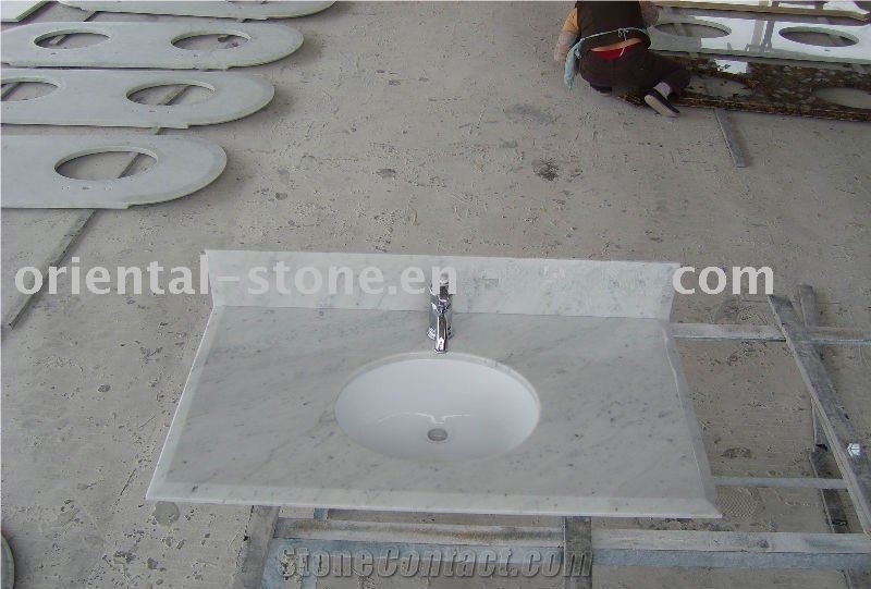 China White Marble Bathroom Vanity Tops,Engineered Stone Custom Countertops, Polished Surface Bath Tops with Sink Basin