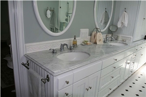 China White Marble Engineered Bathroom Vanity Tops,Stone Custom Countertops, Polished Surface Bath Tops with Sink Basin Wood Cabinet