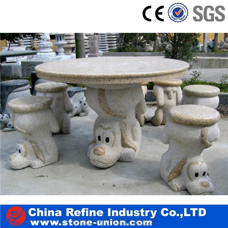 Beige Granite Table & Chairs, Stone Table, Landscaping Sculpture,Exterior Outdoor Garden Landscape Street Patio Natural Granite Stone Table Chair