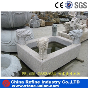 Carved Double Seals Water Fountain, Garden Decorated Fountains with Animal Statue, Granite Carved Water Fountains