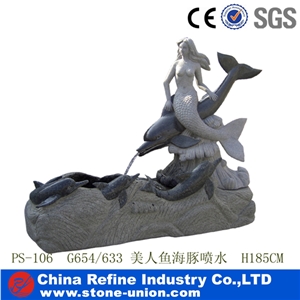 Mermaid Statue Stone Fountain with Dolphin Garden Sculpture Fountains , Sculpture Fountain , Granite Decorated Fountain , Cheap Fountains