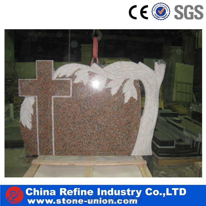 Red Granite Monument with White Tree Carving , Cross and Tree Sculpture Gravestone