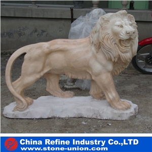 Western Lion Statue, Garden Lion Statue , Animal Statues ,Lion Beige Marble Statue,Garden Lion Carving,Sculpture Carving, Pair Of Lion Sculpture Set