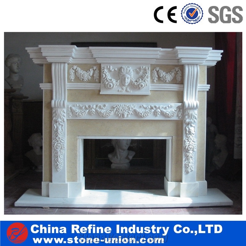 White Fireplace with Relief Carving , Fireplace Mantel with Children Sculpture