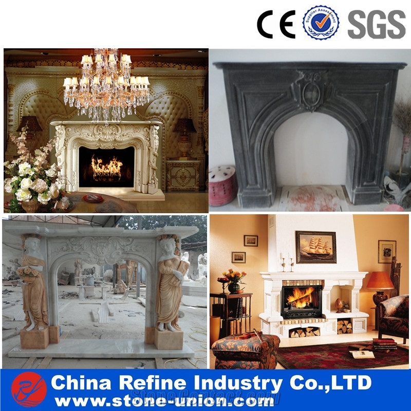 White Fireplace with Relief Carving , Fireplace Mantel with Children Sculpture