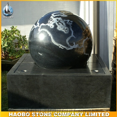 China Factory Direct Black Granite Rolling Sphere Carved the Word Map, Natural Stone Base Split, Garden Fountains