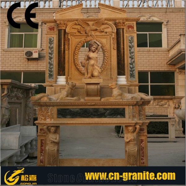 Lady Carved Beige Travertine Fireplace,Fireplace Decorating