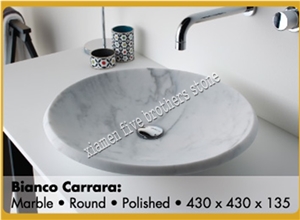 White Marble Wash Bowls, Bianco Carrara Marble Bathroom Sinks & Basins